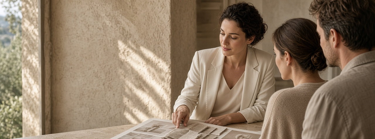 A wedding planner presenting a mood board to a couple at a limestone table in an Italian villa