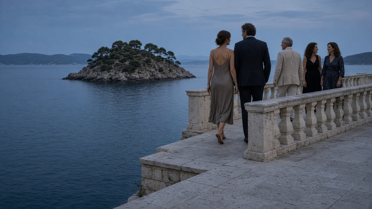 Guests walking along a limestone terrace above a pine-covered islet on the Croatian Adriatic