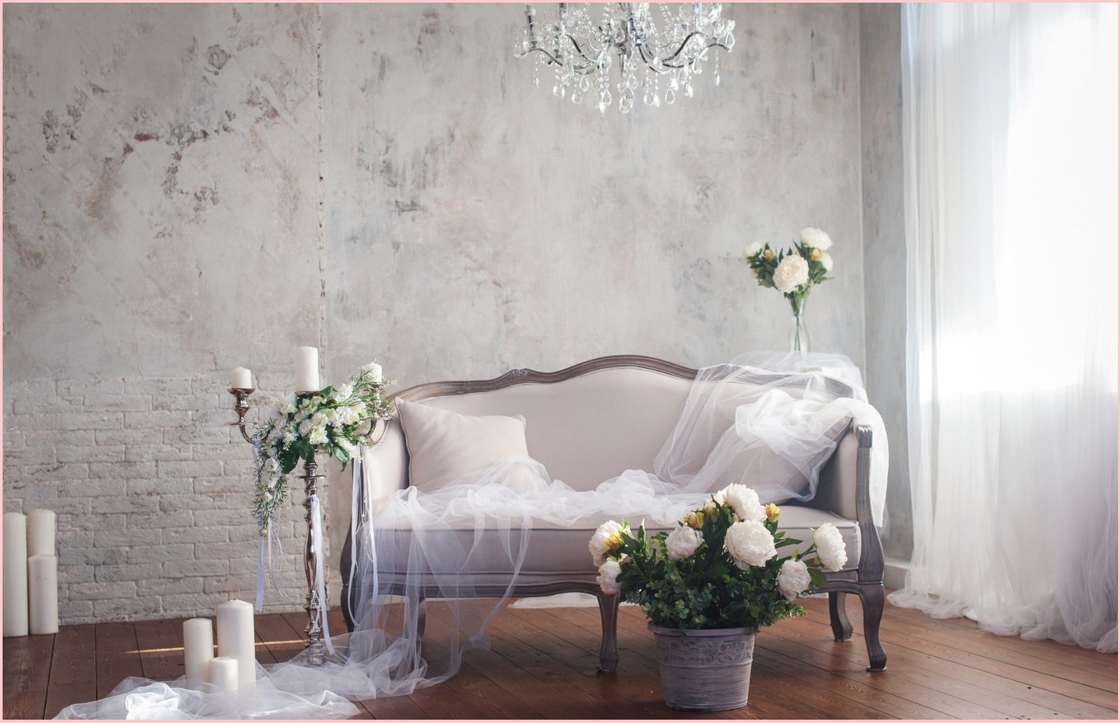 A prepared interior — flowers, light and table held between events