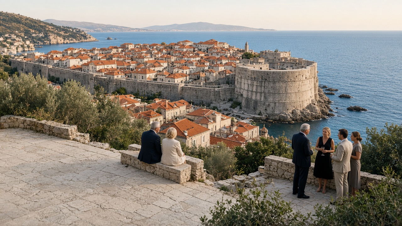 Guests on a hillside terrace looking toward Dubrovnik’s walls and terracotta roofs