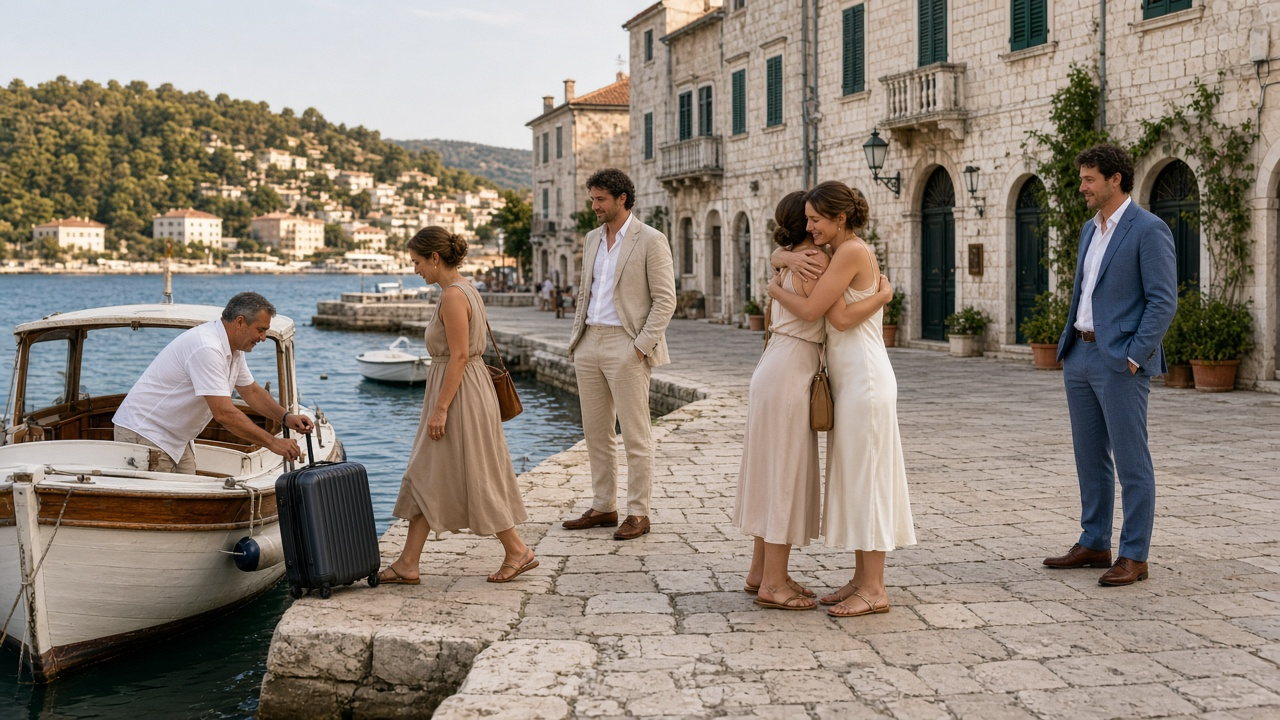 Wedding guests arriving by boat at a stone waterfront palazzo on Hvar