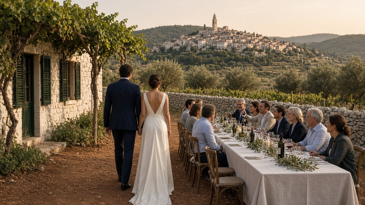 Bride and groom approaching a wedding dinner at an Istrian estate beneath vines