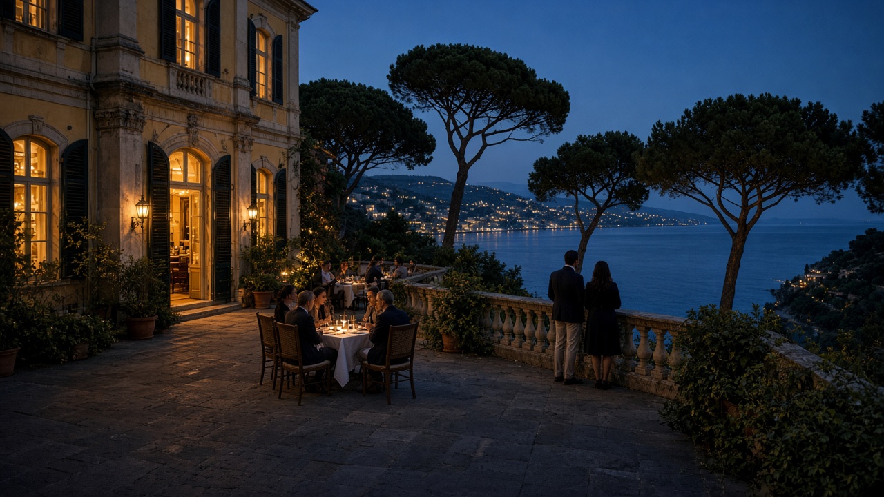 Evening on a historic riviera terrace above the Kvarner Gulf