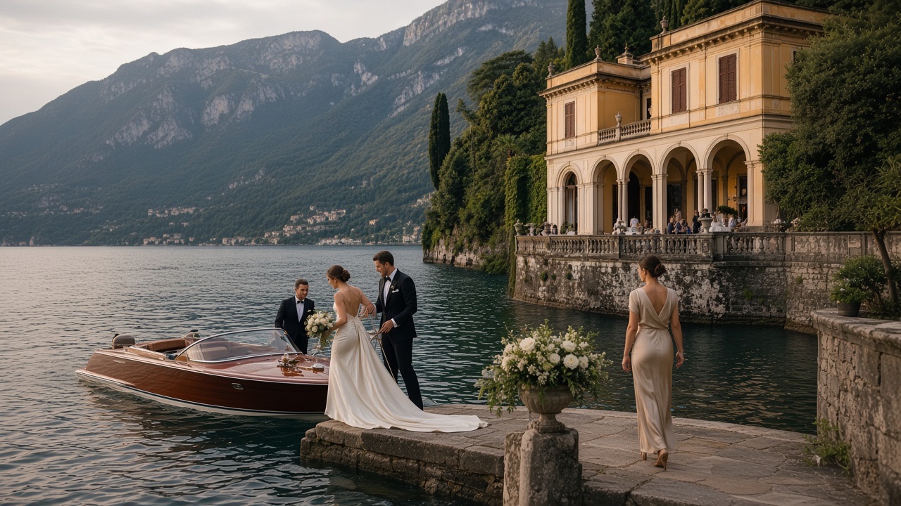 Bride and groom arriving by wooden boat at a private lakeside villa on Lake Como