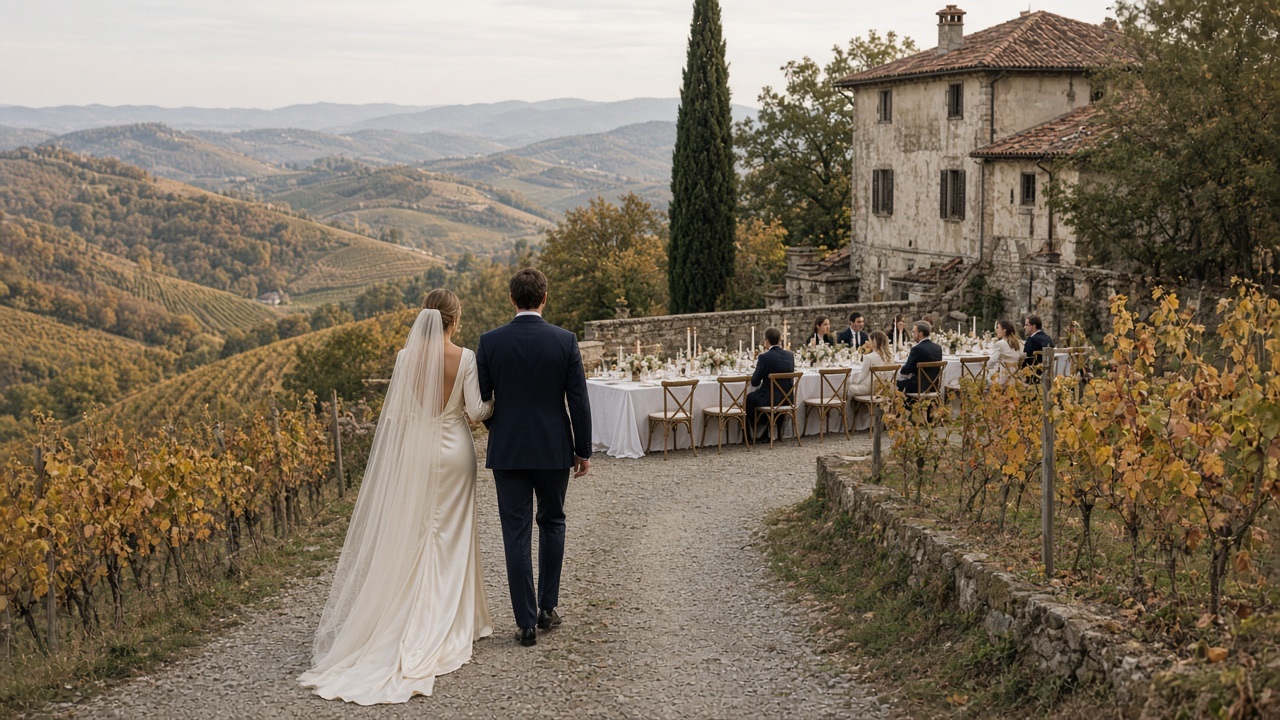 Bride and groom walking toward an outdoor wedding dinner among vineyard hills