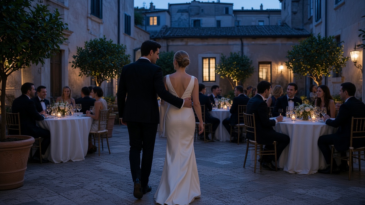 Bride and groom crossing a historic Roman palazzo courtyard during an evening wedding reception