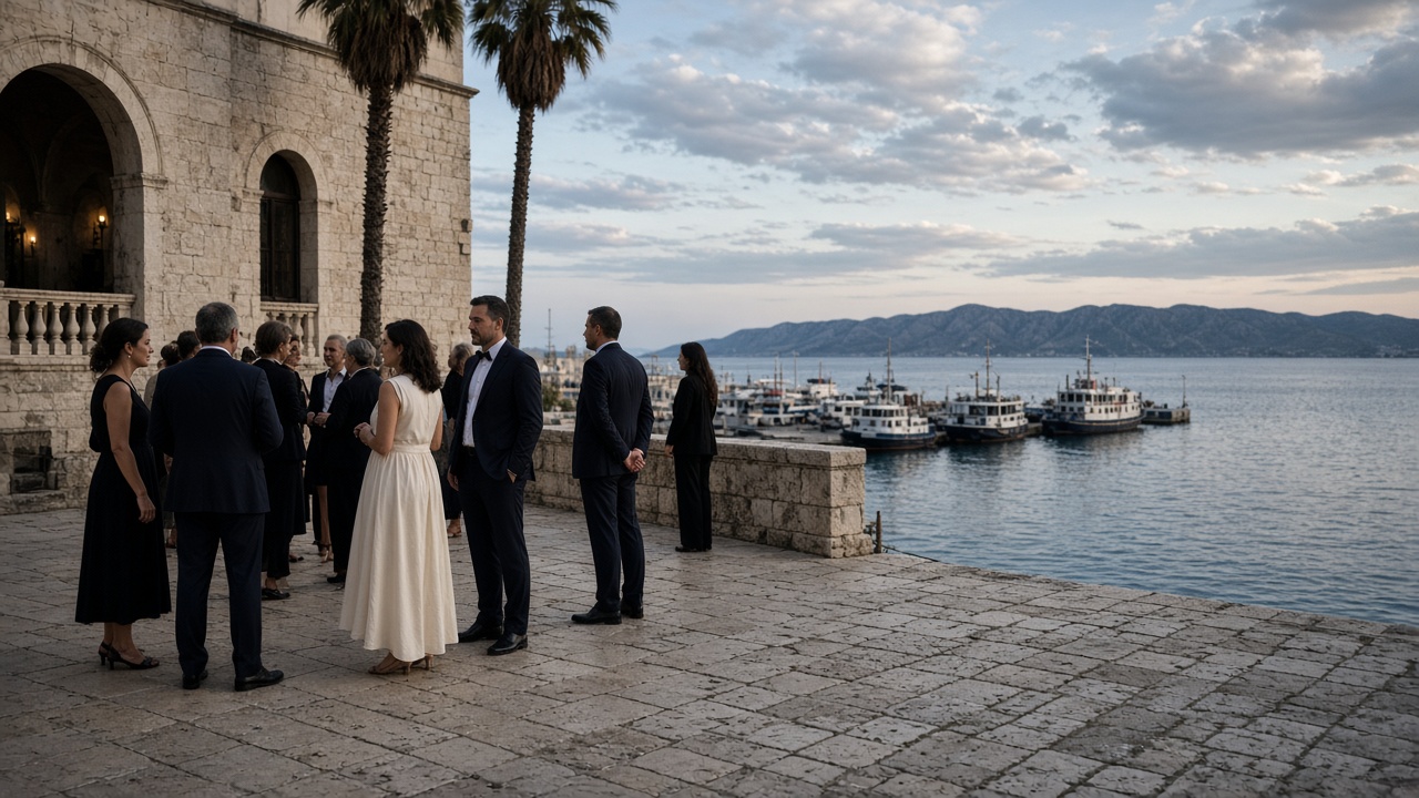 Wedding guests talking on a limestone terrace beside a harbour in Central Dalmatia