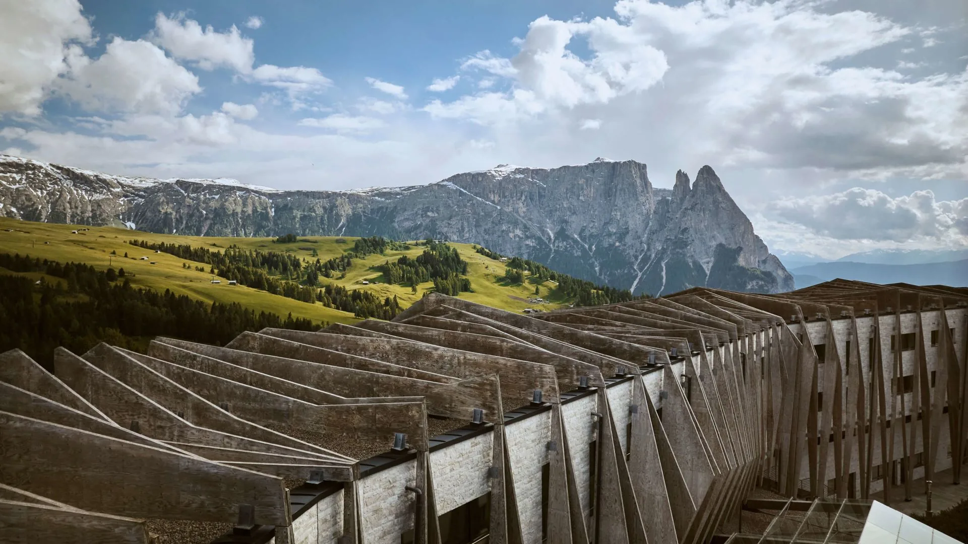 COMO Alpina Dolomites at Compatsch, Alpe di Siusi: the hotel on the plateau with the Schlern massif behind it