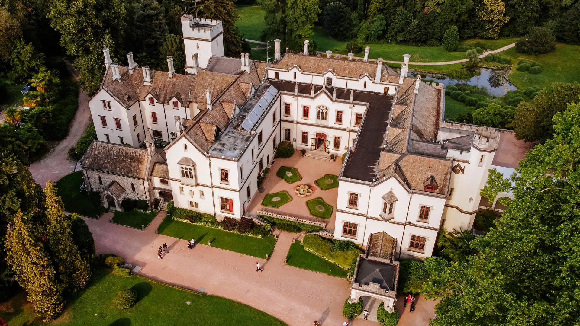 Castello Dal Pozzo, the neo-Gothic castle and courtyard in its park.