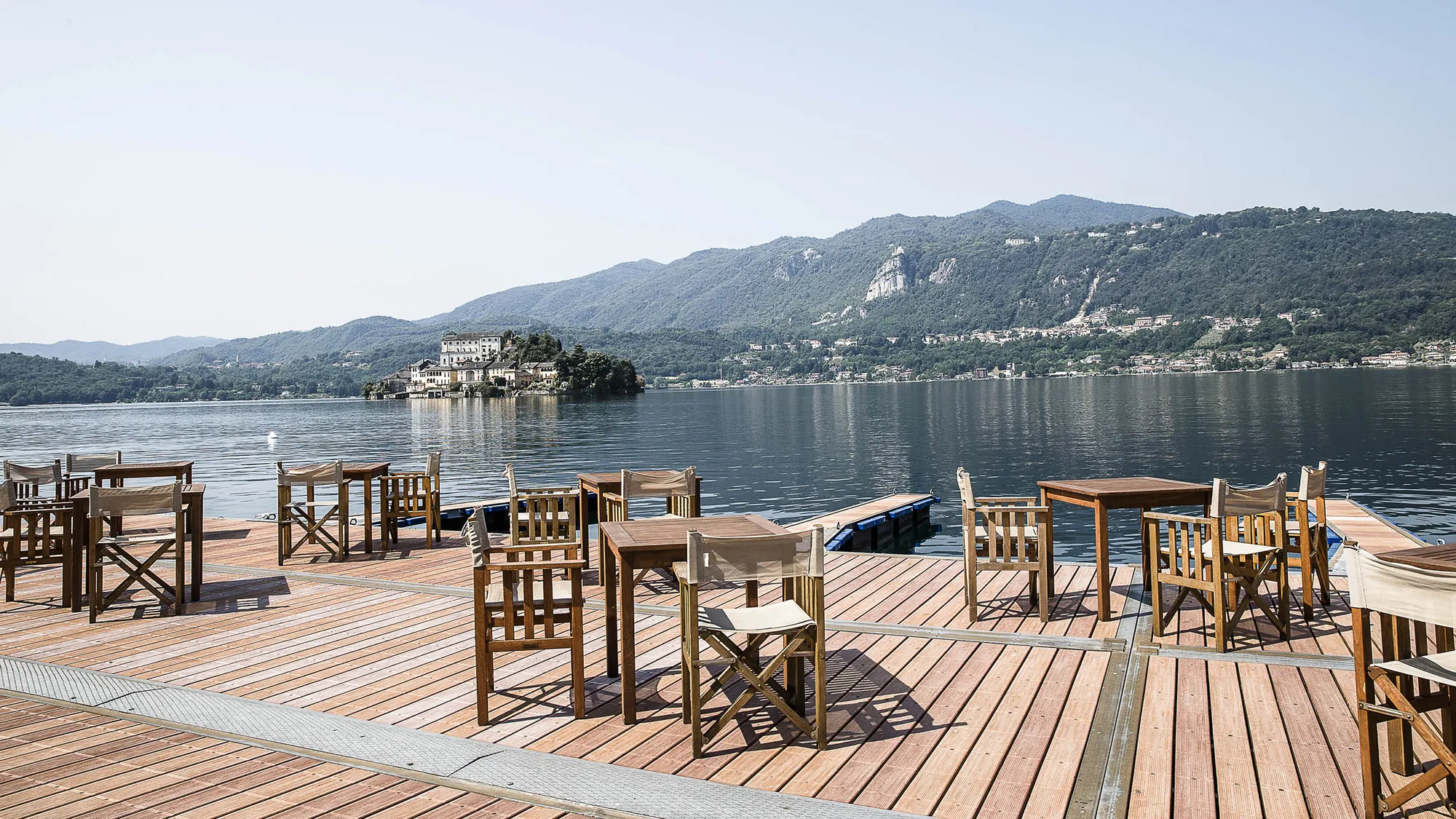 Hotel San Rocco on the shore of Lake Orta, terrace toward Isola San Giulio.