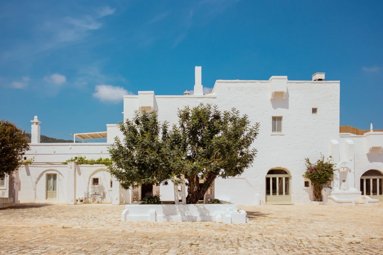 Masseria Le Carrube near Ostuni: the white masseria courtyard among the countryside buildings