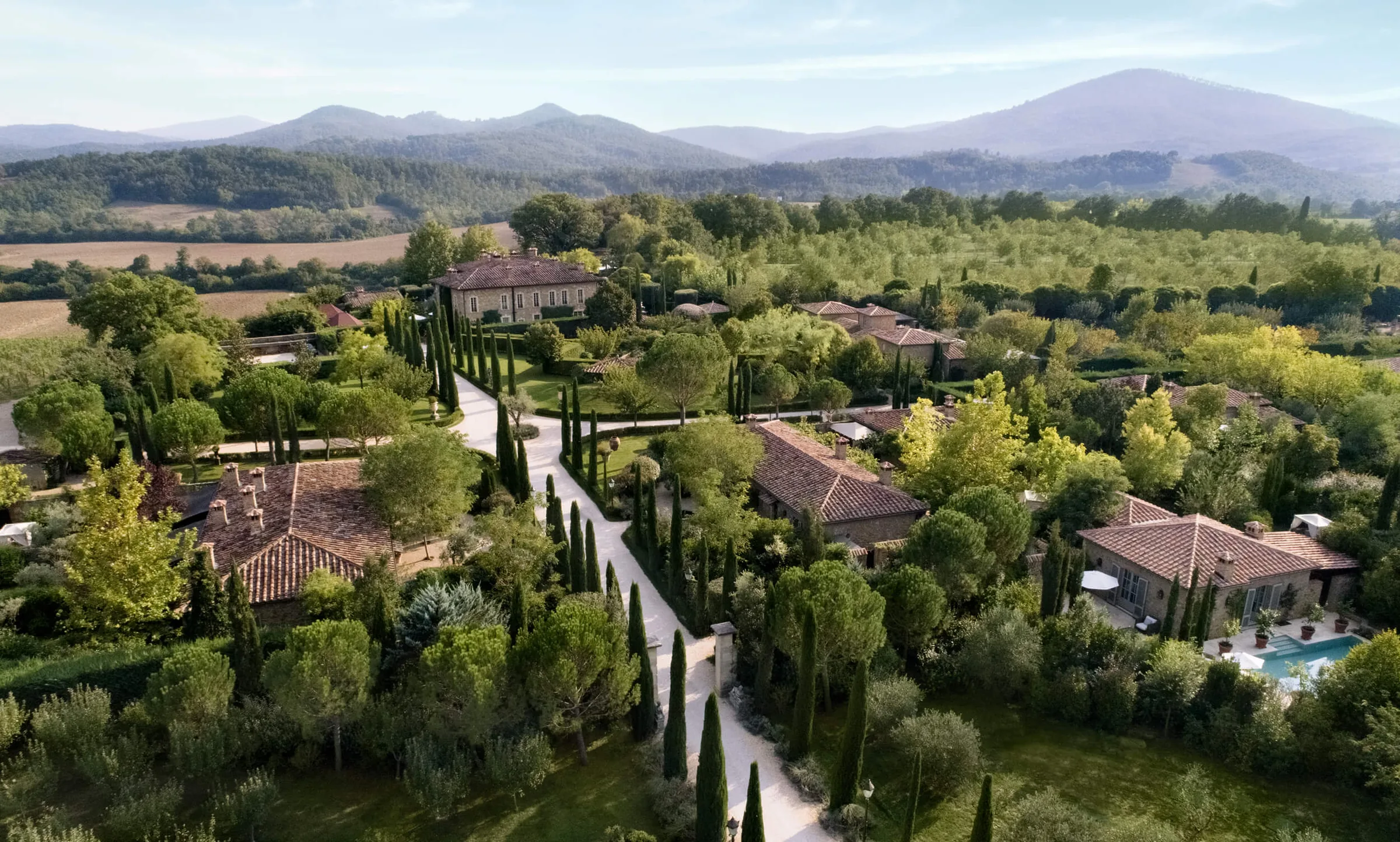 Borgo Santo Pietro: aerial view of the villa, gardens and cottages on the Chiusdino estate