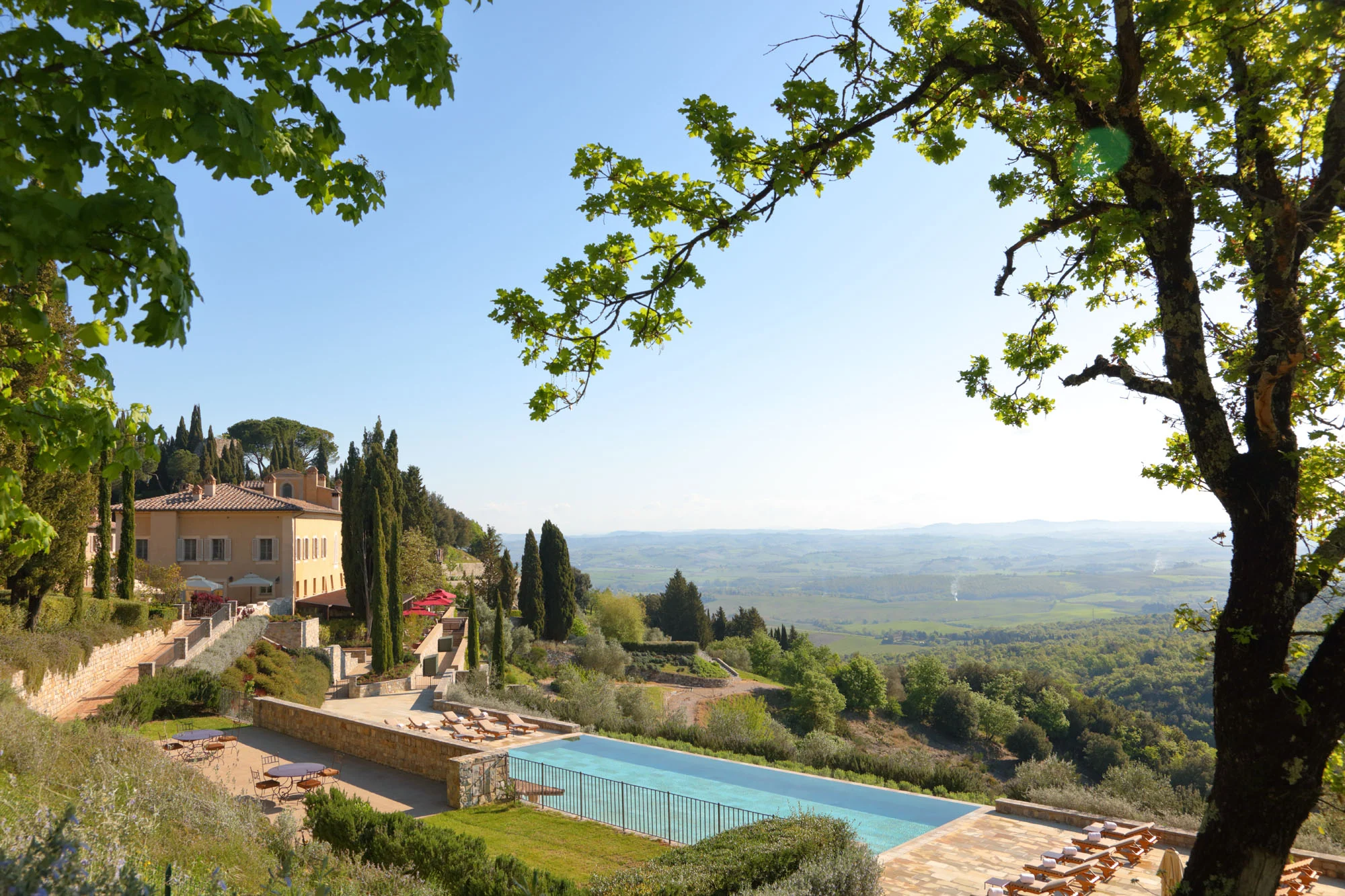 Castiglion del Bosco: the historic borgo, terraces and pool above the Val d'Orcia